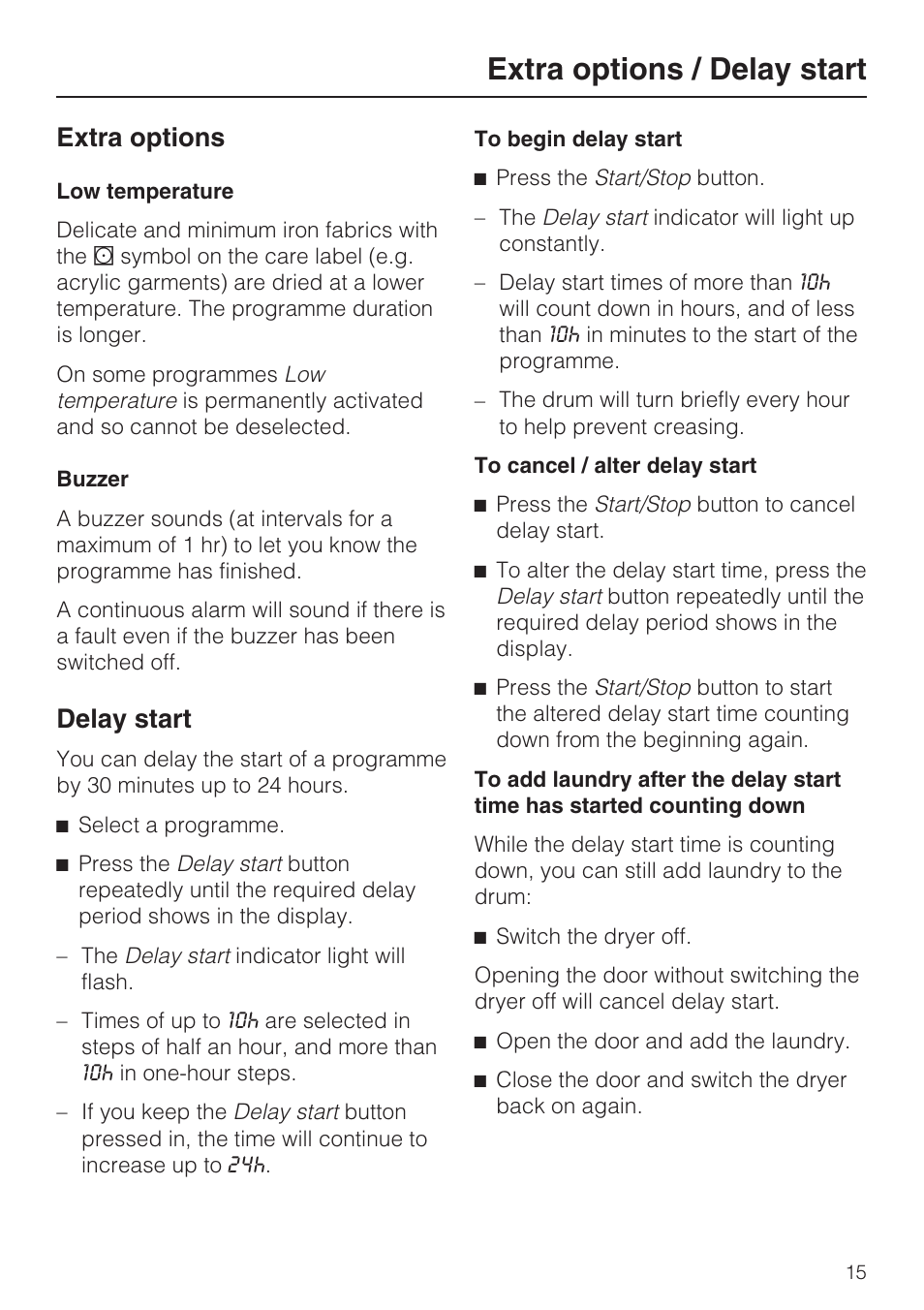 Extra options / delay start 15, Extra options 15, Low temperature 15 | Buzzer 15, Delay start 15, Extra options / delay start, Extra options, Delay start | Miele T 8822 C User Manual | Page 15 / 56