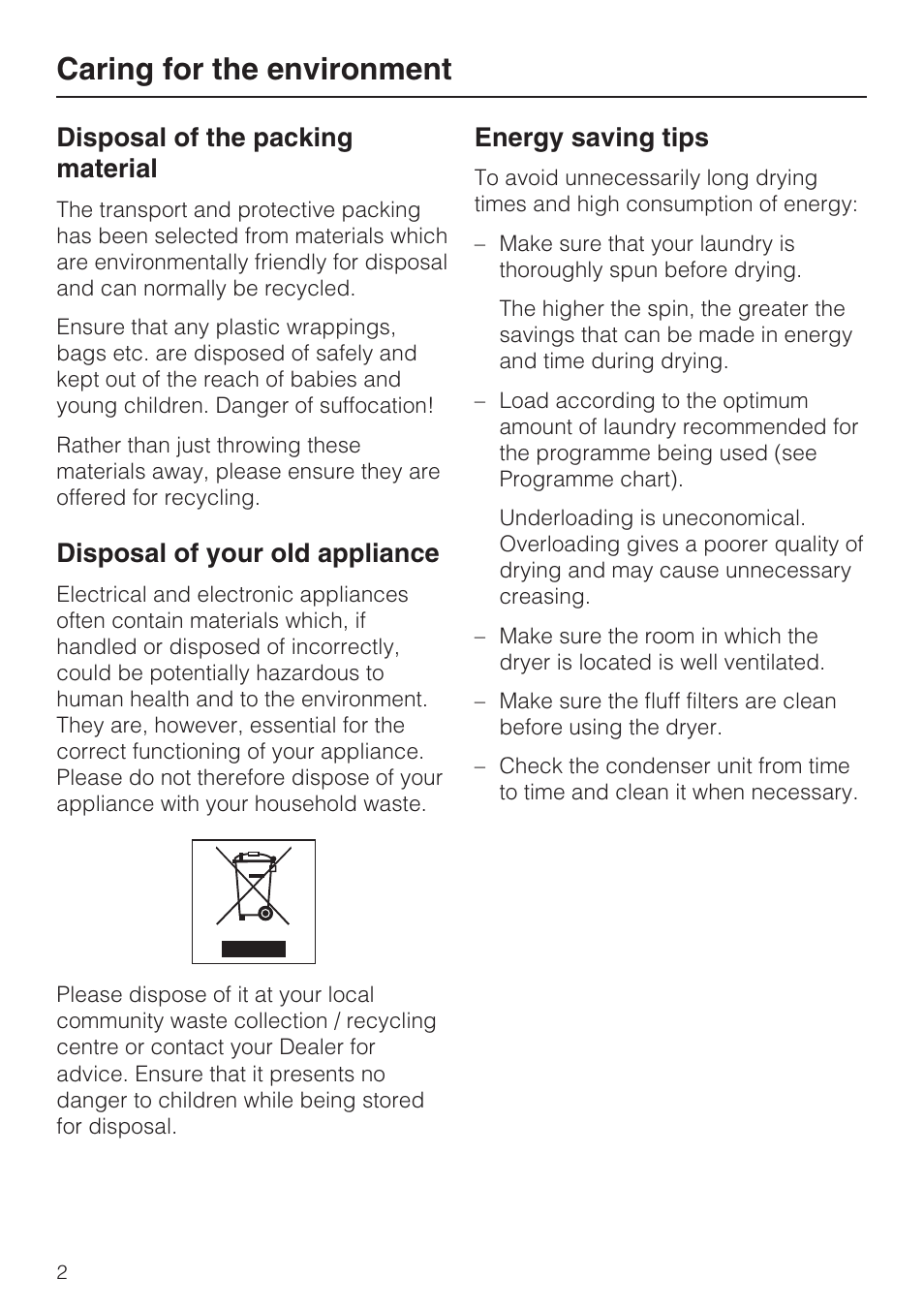 Caring for the environment 2, Caring for the environment, Disposal of the packing material | Disposal of your old appliance, Energy saving tips | Miele T 8822 C User Manual | Page 2 / 56