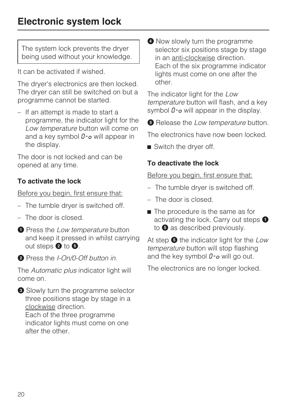 Electronic system lock 20, Electronic system lock | Miele T 8822 C User Manual | Page 20 / 56