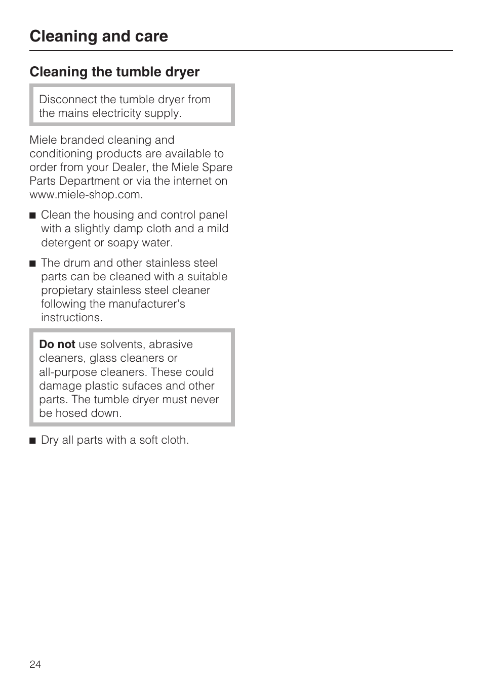 Cleaning the tumble dryer 24, Cleaning and care, Cleaning the tumble dryer | Miele T 8822 C User Manual | Page 24 / 56