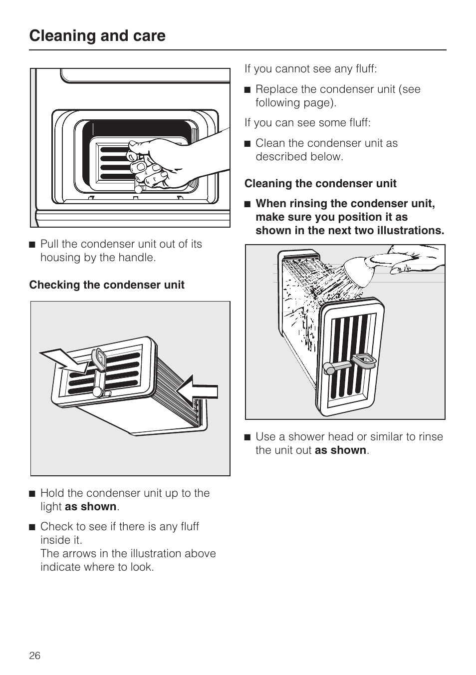 Checking the condenser unit 26, Cleaning the condenser unit 26, Cleaning and care | Miele T 8822 C User Manual | Page 26 / 56