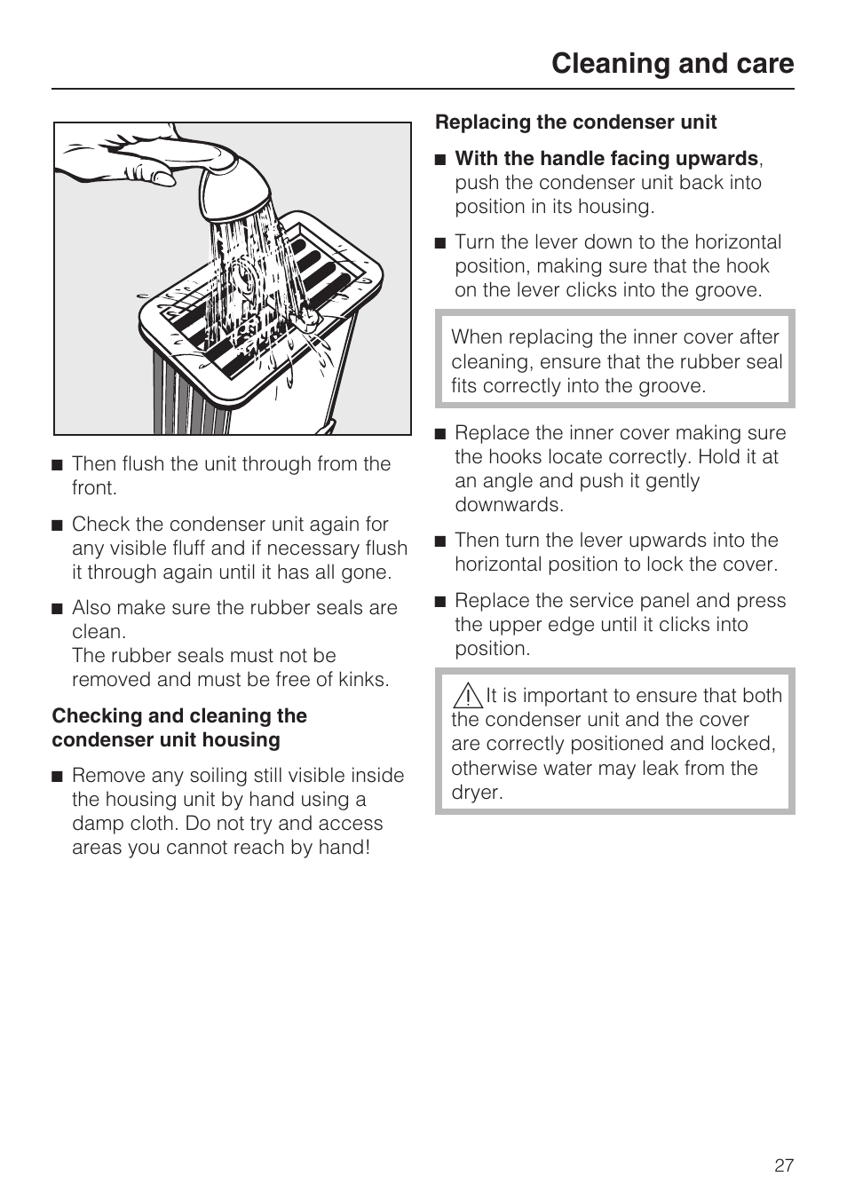 Replacing the condenser unit 27, Cleaning and care | Miele T 8822 C User Manual | Page 27 / 56