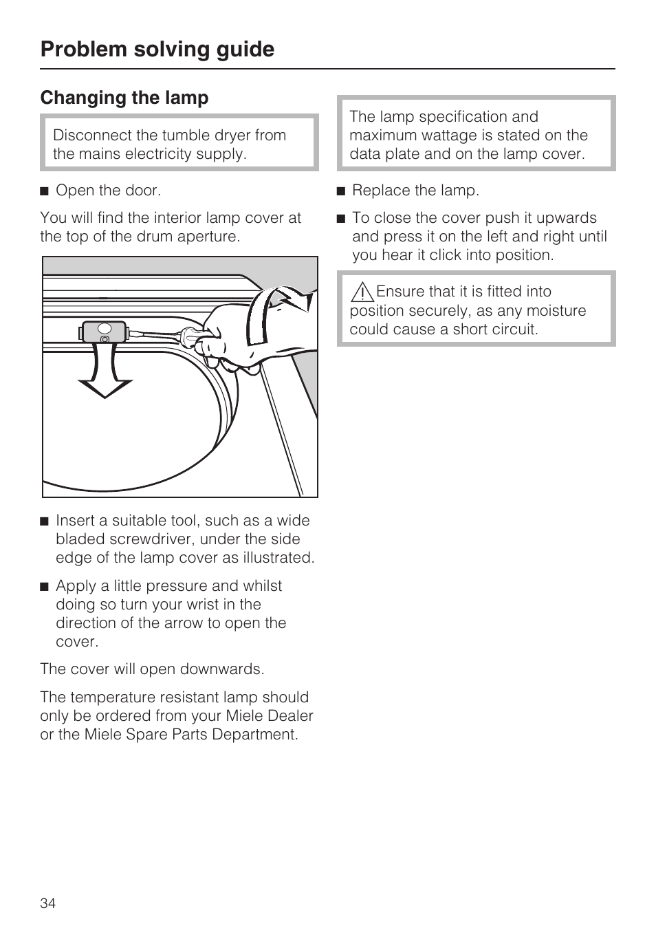 Changing the lamp 34, Problem solving guide, Changing the lamp | Miele T 8822 C User Manual | Page 34 / 56