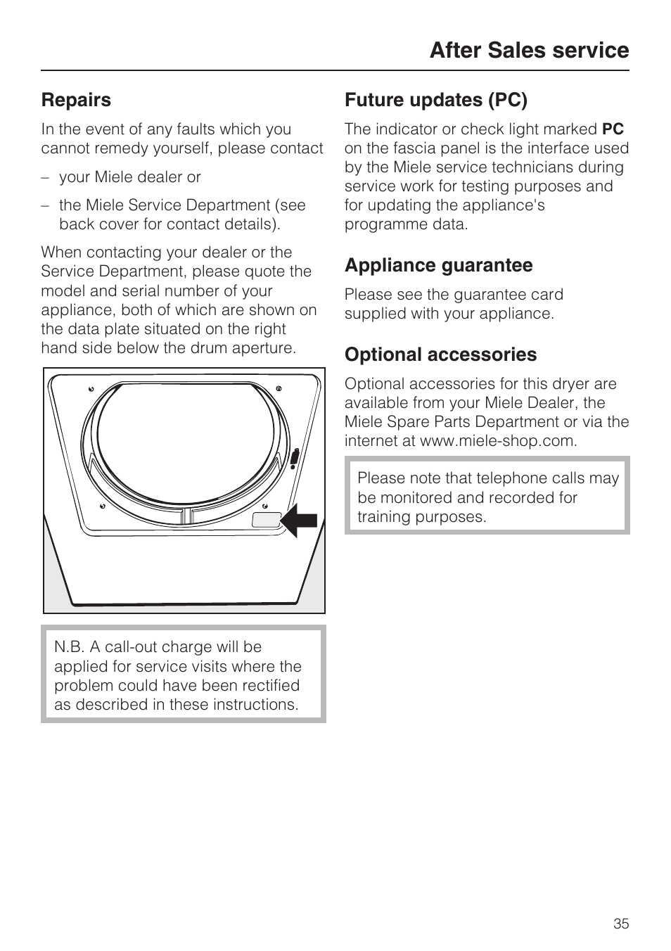 After sales service 35, Repairs 35, Future updates (pc) 35 | Appliance guarantee 35, Optional accessories 35, After sales service | Miele T 8822 C User Manual | Page 35 / 56