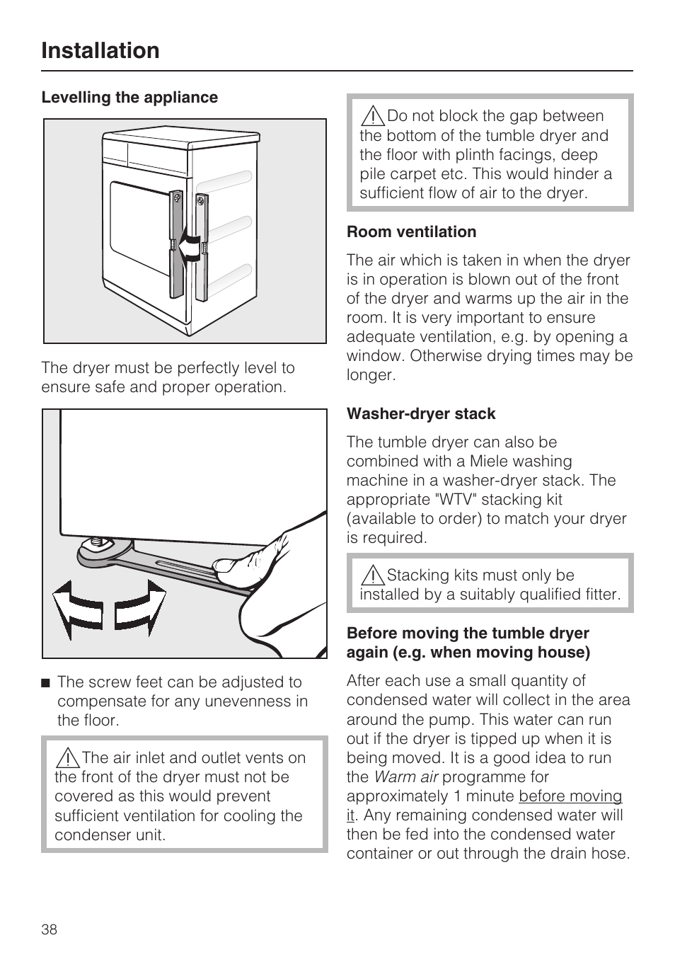 Levelling the appliance 38, Room ventilation 38, Washer-dryer stack 38 | Installation | Miele T 8822 C User Manual | Page 38 / 56