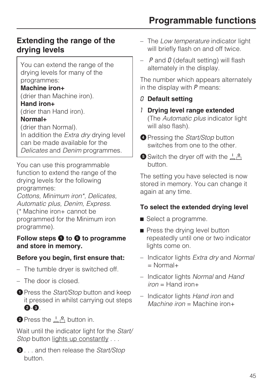Programmable functions 45, Extending the range of the drying levels 45, Programmable functions | Extending the range of the drying levels | Miele T 8822 C User Manual | Page 45 / 56
