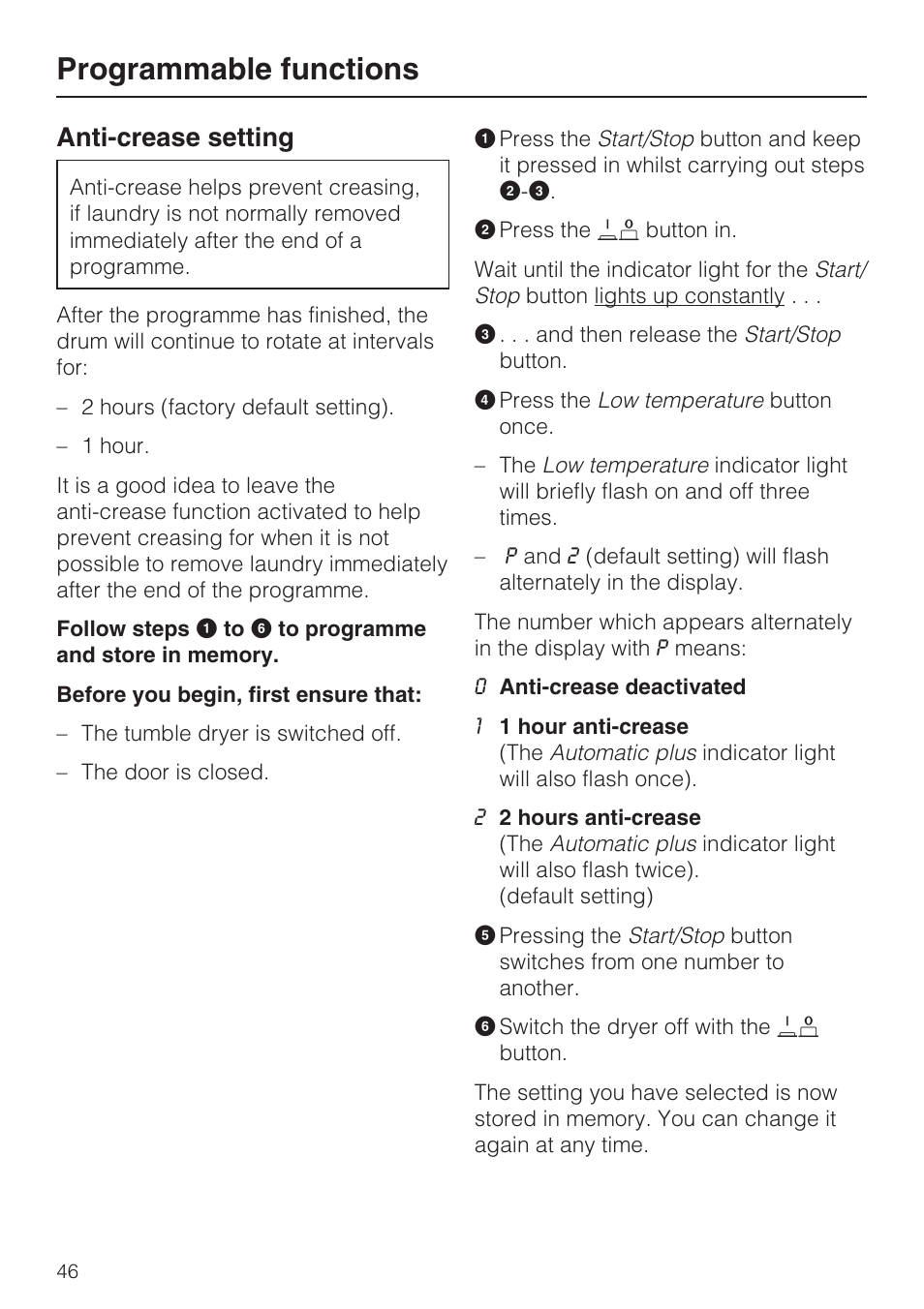 Anti-crease setting 46, Programmable functions, Anti-crease setting | Miele T 8822 C User Manual | Page 46 / 56