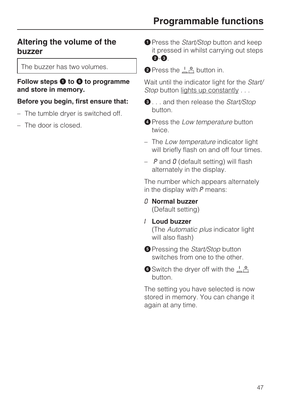 Altering the volume of the buzzer 47, Programmable functions, Altering the volume of the buzzer | Miele T 8822 C User Manual | Page 47 / 56