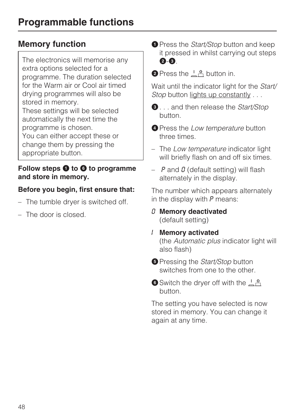 Memory function 48, Programmable functions | Miele T 8822 C User Manual | Page 48 / 56