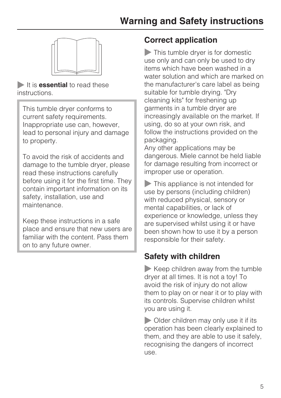 Warning and safety instructions 5, Warning and safety instructions | Miele T 8822 C User Manual | Page 5 / 56