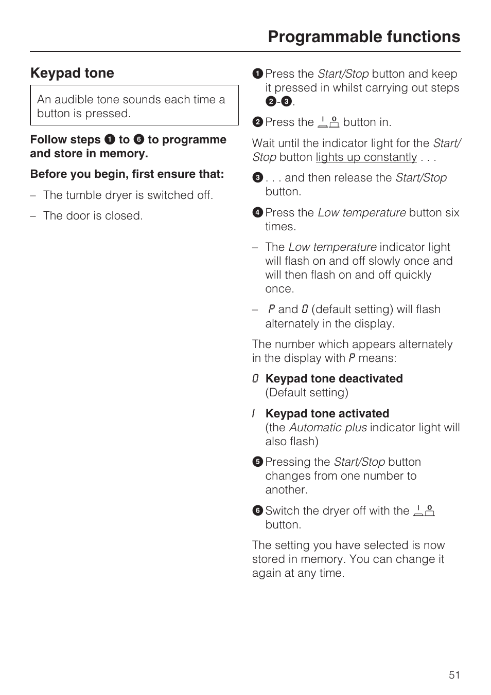 Keypad tone 51, Programmable functions, Keypad tone | Miele T 8822 C User Manual | Page 51 / 56