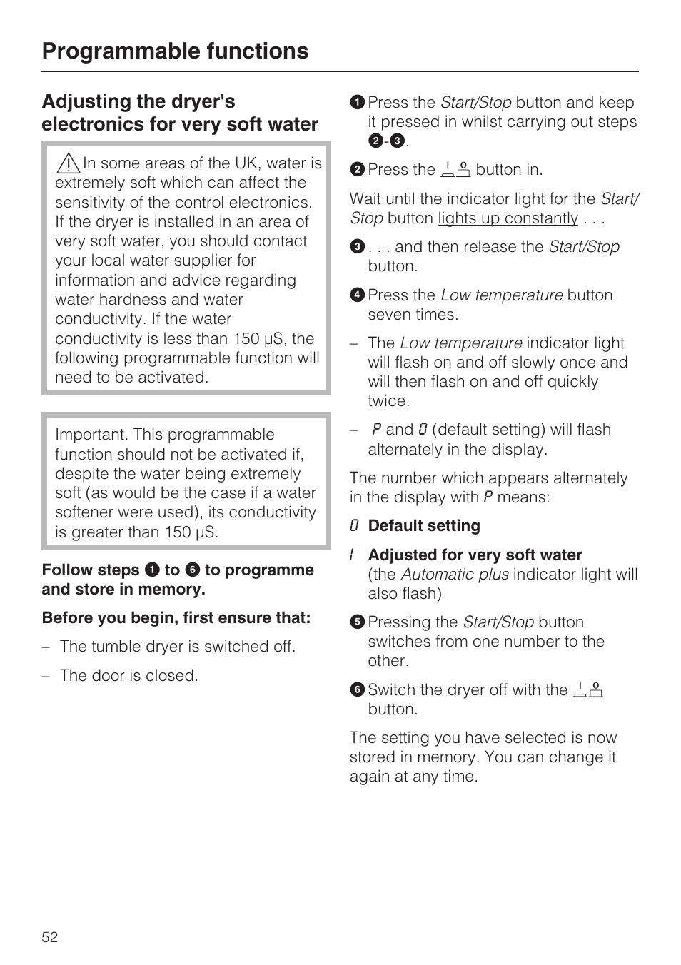 Programmable functions | Miele T 8822 C User Manual | Page 52 / 56