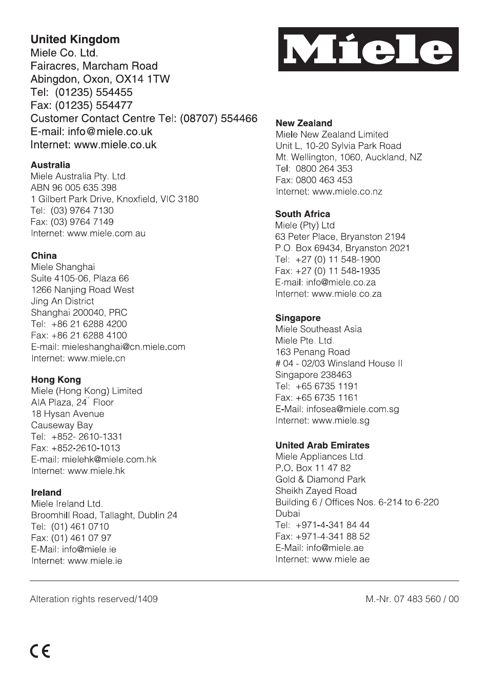 Miele T 8822 C User Manual | Page 56 / 56