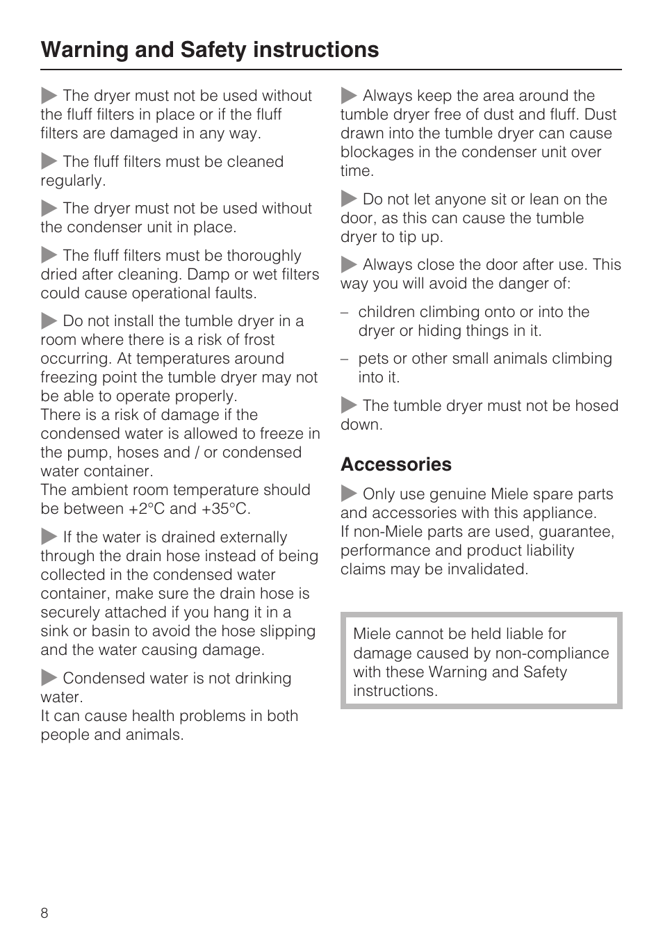 Warning and safety instructions | Miele T 8822 C User Manual | Page 8 / 56