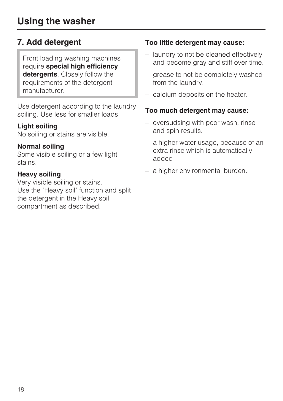 Add detergent 18, Using the washer, Add detergent | Miele W3035 User Manual | Page 18 / 56