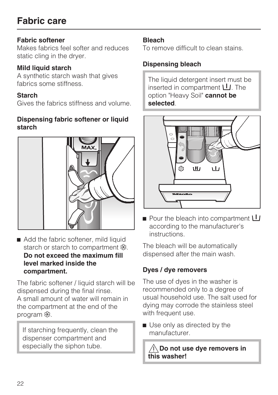 Fabric care 22, Fabric care | Miele W3035 User Manual | Page 22 / 56