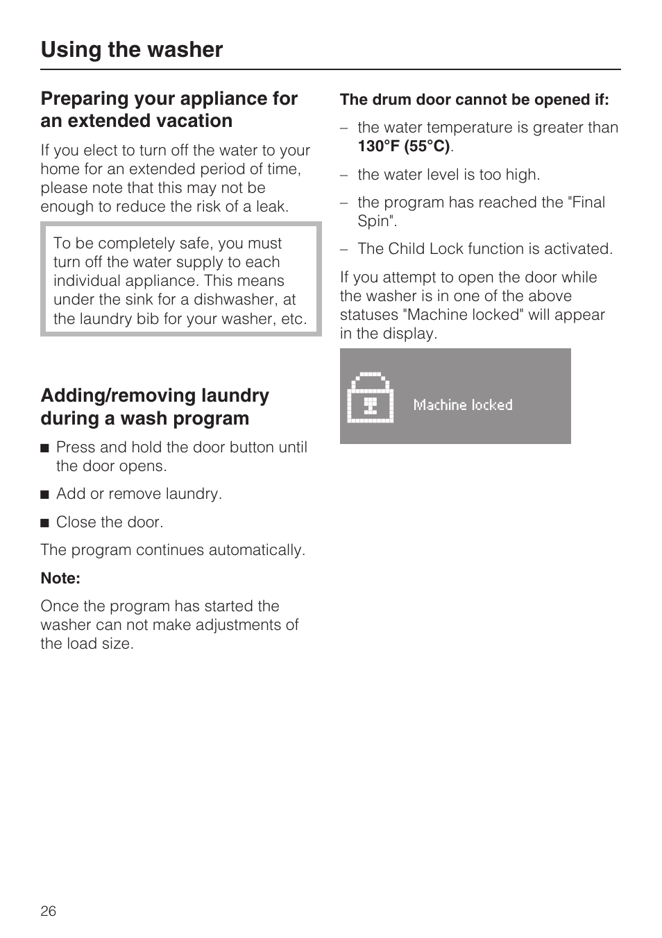 Adding/removing laundry during a wash program 26, Using the washer | Miele W3035 User Manual | Page 26 / 56