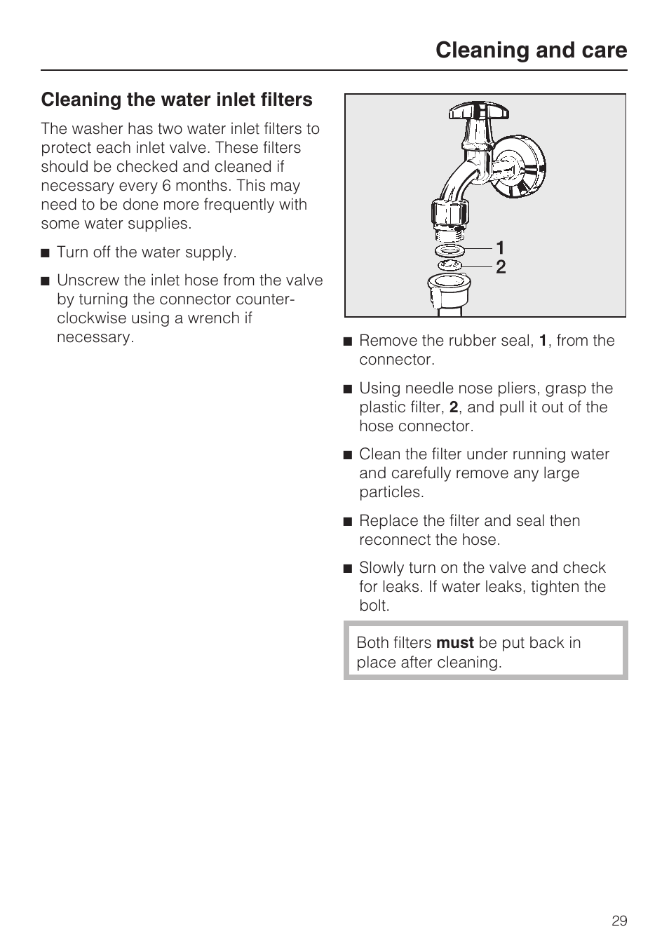 Cleaning the water inlet filters 29, Cleaning and care, Cleaning the water inlet filters | Miele W3035 User Manual | Page 33 / 56