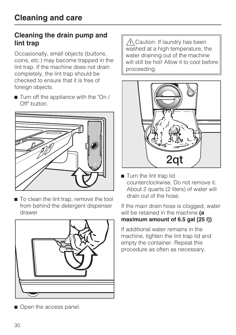 Cleaning the drain pump and lint trap 30, Cleaning and care, Cleaning the drain pump and lint trap | Miele W3035 User Manual | Page 34 / 56
