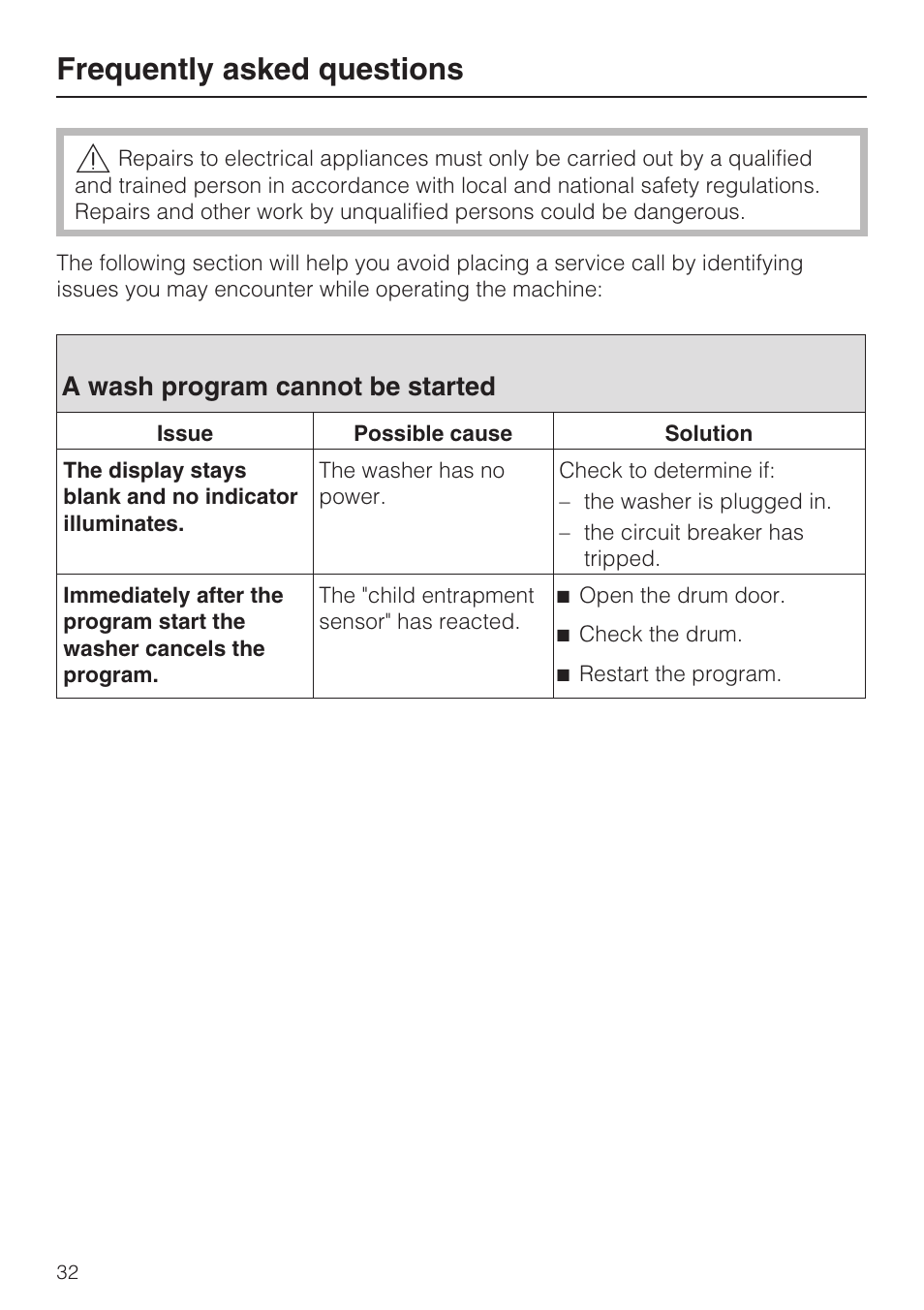 Frequently asked questions 32, A wash program cannot be started 32, Frequently asked questions | A wash program cannot be started | Miele W3035 User Manual | Page 36 / 56