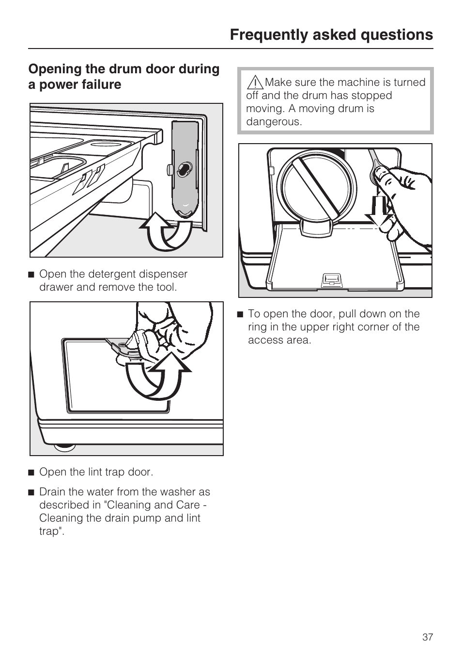 Opening the drum door during a power failure 37, Frequently asked questions | Miele W3035 User Manual | Page 41 / 56
