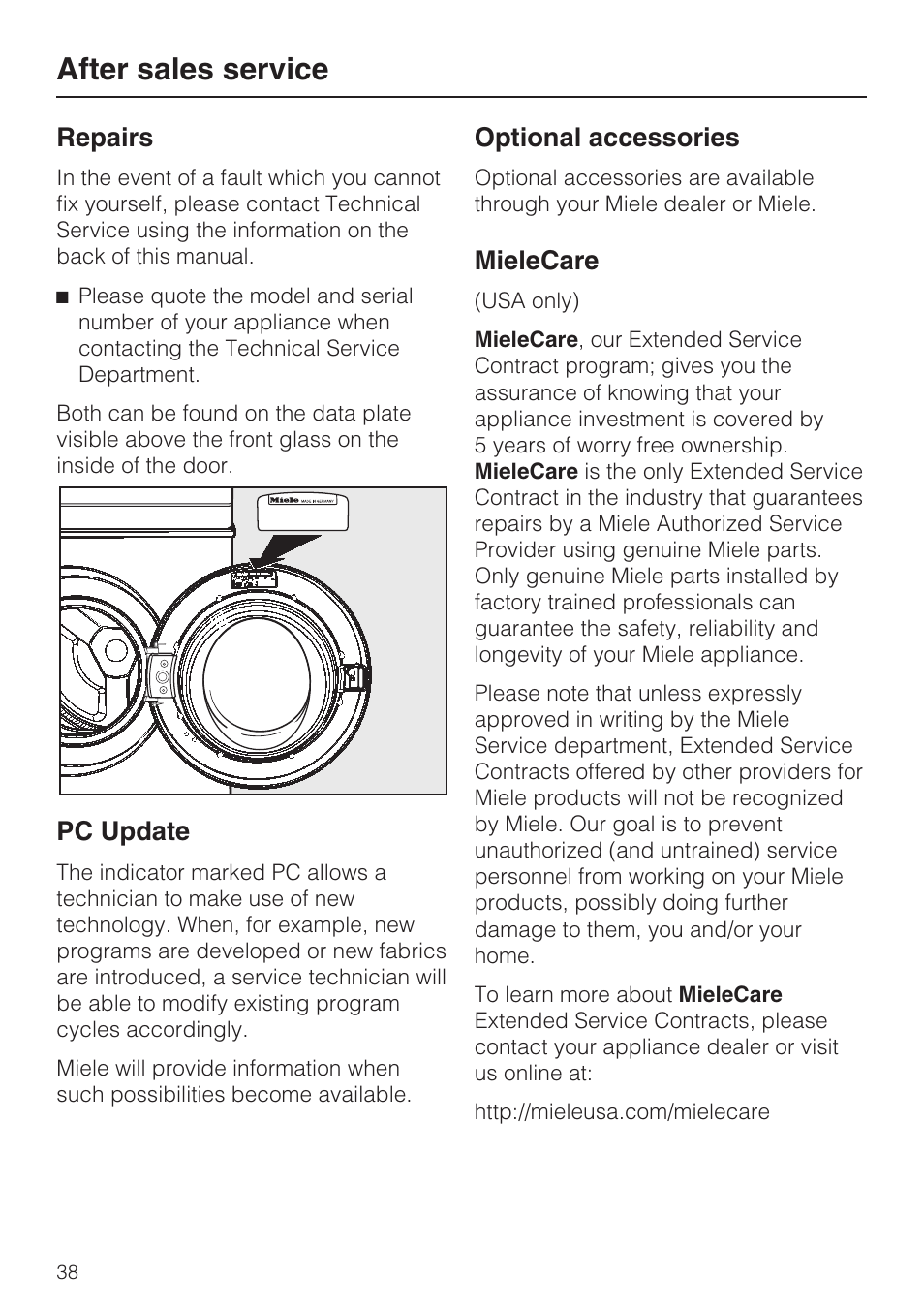 After sales service 38, After sales service, Repairs | Pc update, Optional accessories, Mielecare | Miele W3035 User Manual | Page 42 / 56