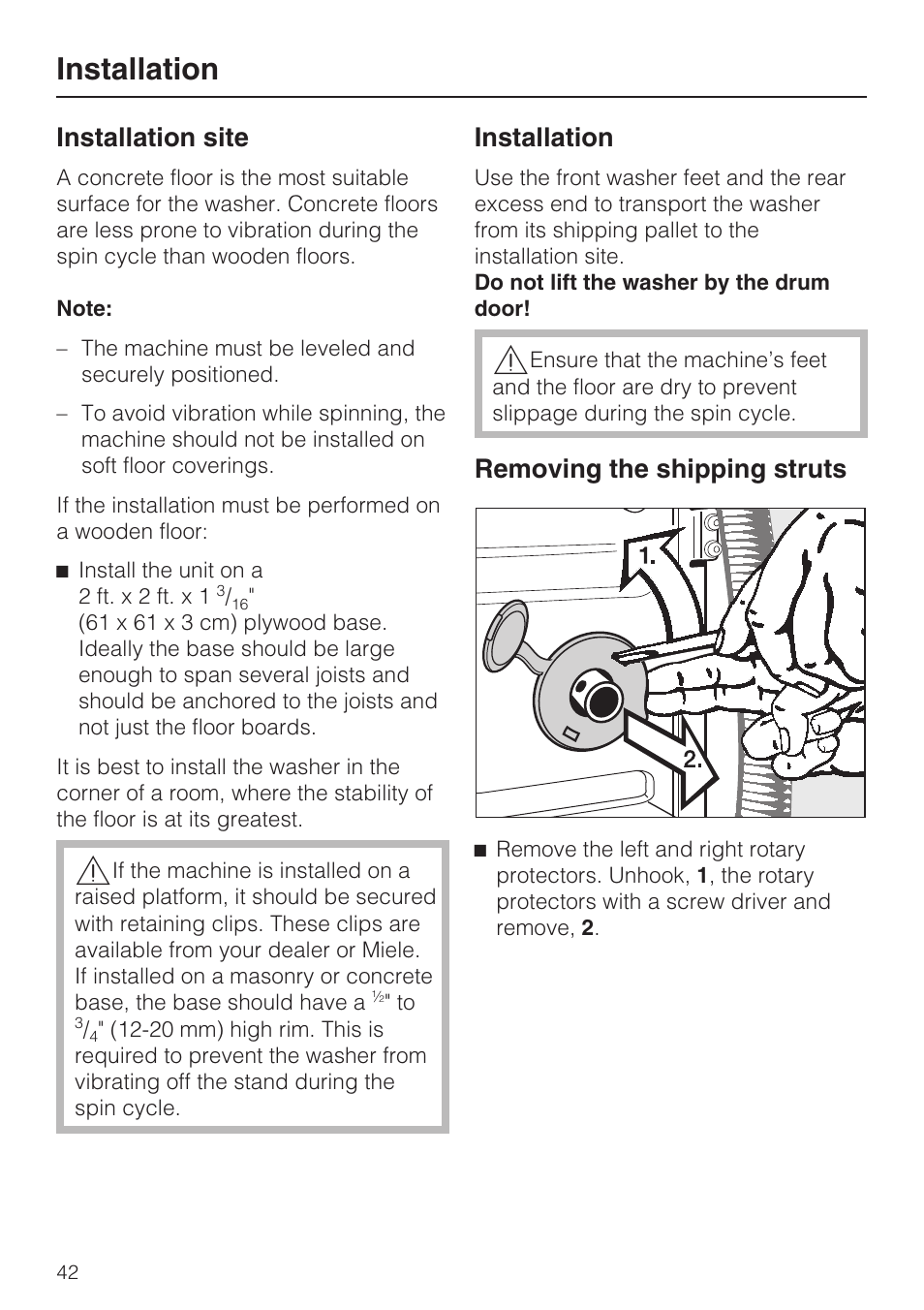 Installation site 42, Removing the shipping struts 42, Installation site | Installation, Removing the shipping struts | Miele W3035 User Manual | Page 46 / 56