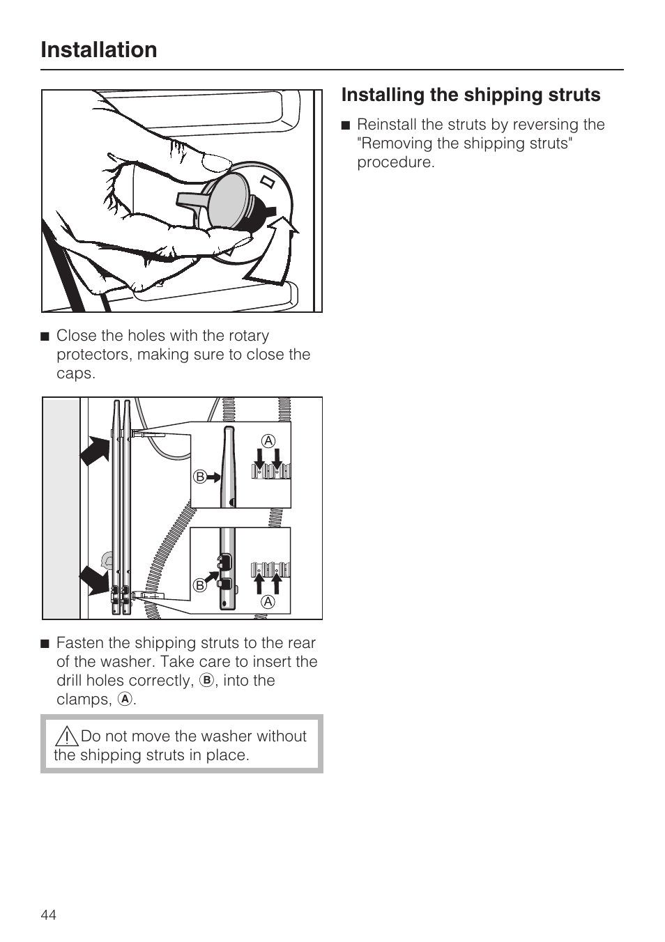 Installing the shipping struts 44, Installation, Installing the shipping struts | Miele W3035 User Manual | Page 48 / 56
