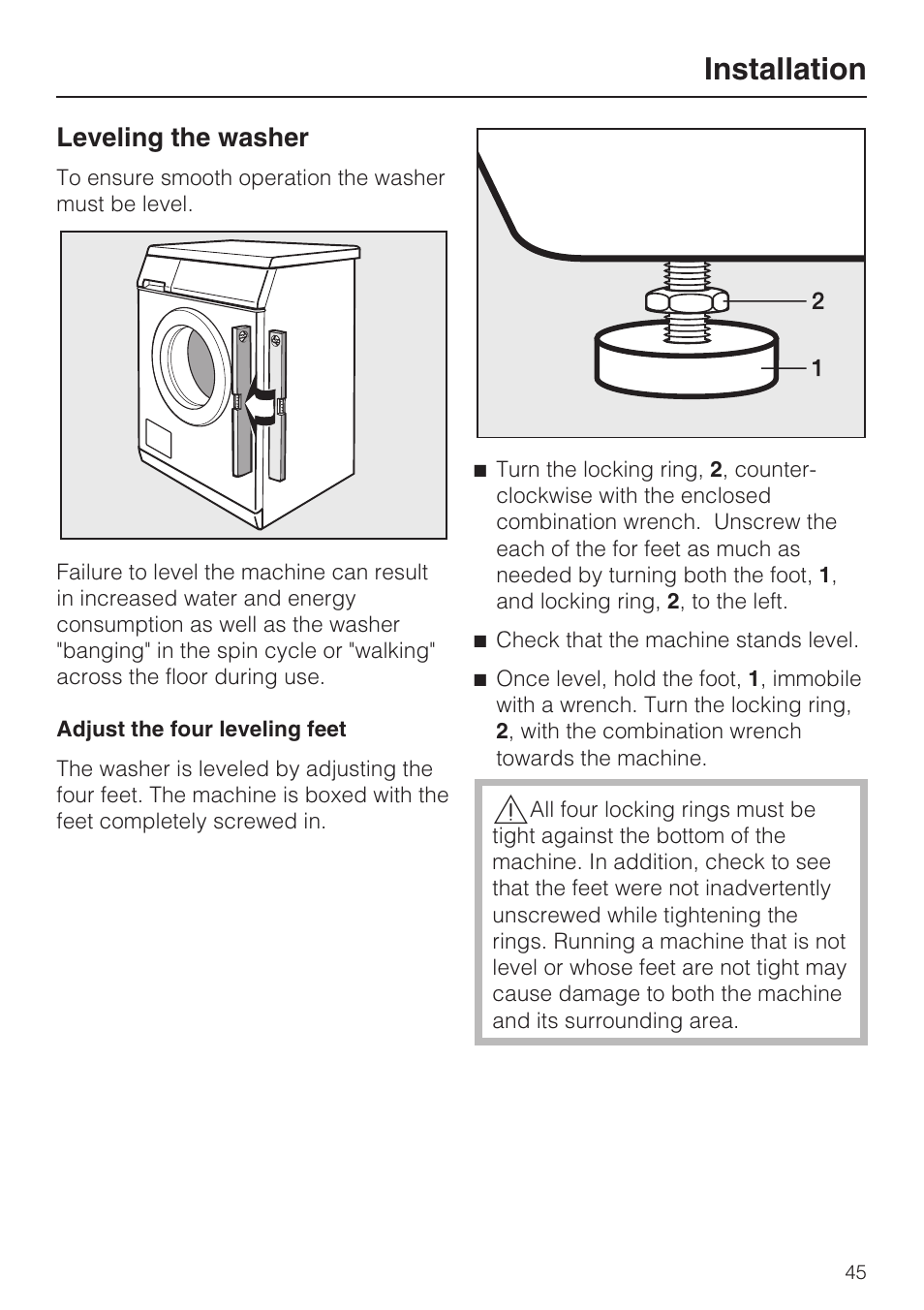 Leveling the washer 45, Installation, Leveling the washer | Miele W3035 User Manual | Page 49 / 56