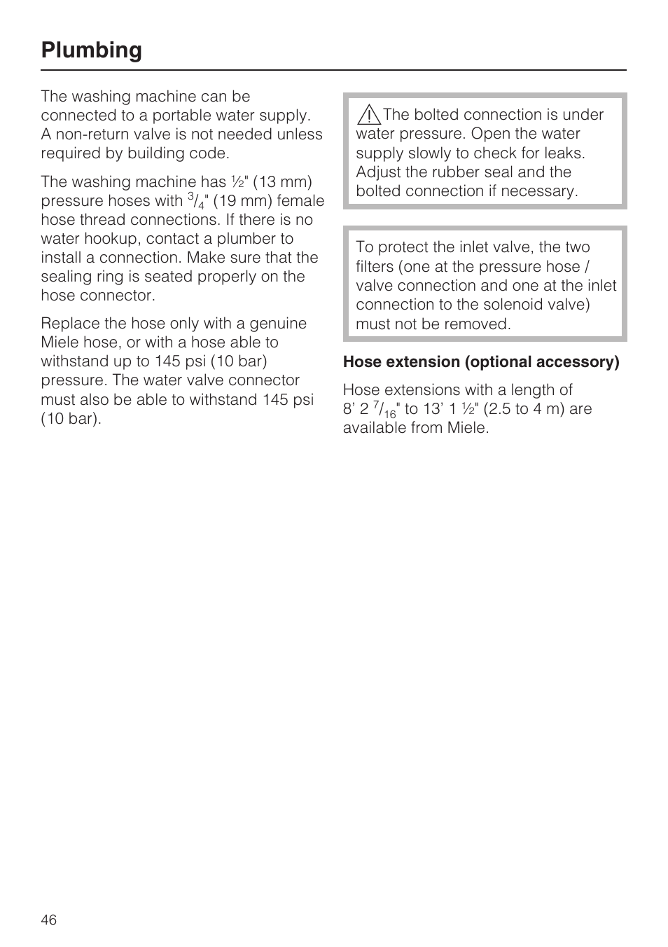 Plumbing 46, Plumbing | Miele W3035 User Manual | Page 50 / 56