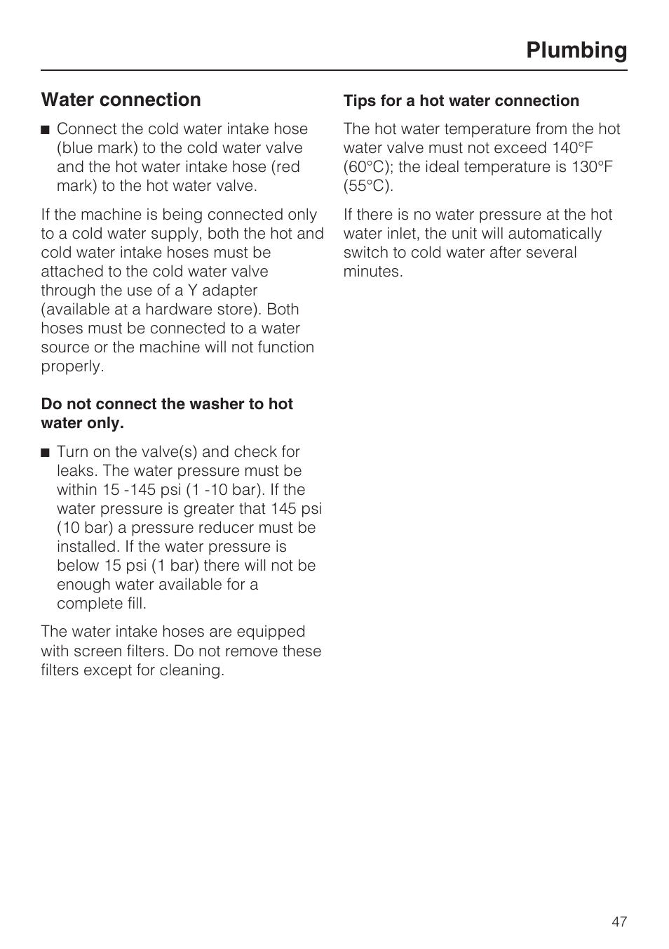 Plumbing, Water connection | Miele W3035 User Manual | Page 51 / 56