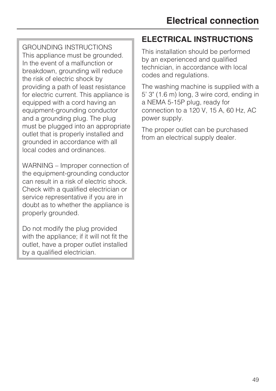 Electrical connection 49, Electrical connection, Electrical instructions | Miele W3035 User Manual | Page 53 / 56