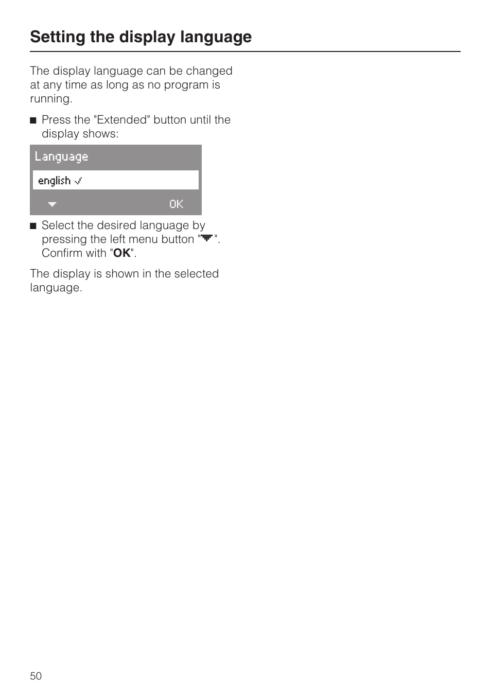 Setting the display language 50, Setting the display language | Miele W3035 User Manual | Page 54 / 56