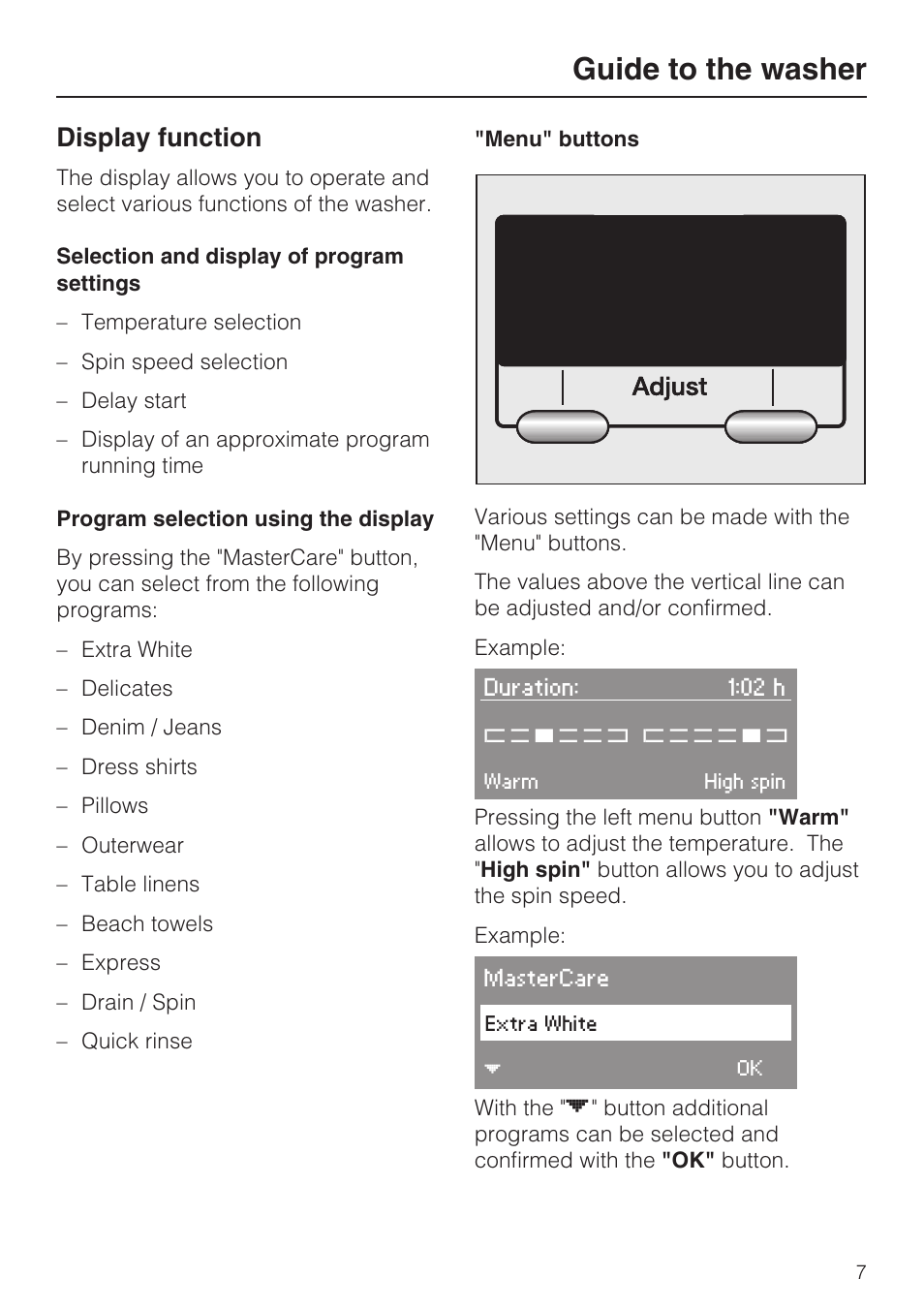 Display function 7, Guide to the washer, Display function | Miele W3035 User Manual | Page 7 / 56