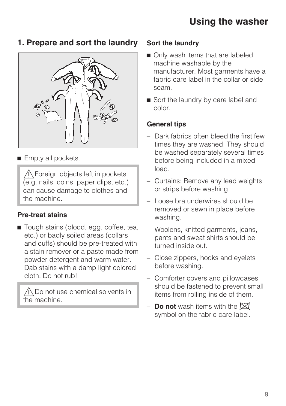 Using the washer 9, Prepare and sort the laundry 9, Using the washer | Prepare and sort the laundry | Miele W3035 User Manual | Page 9 / 56