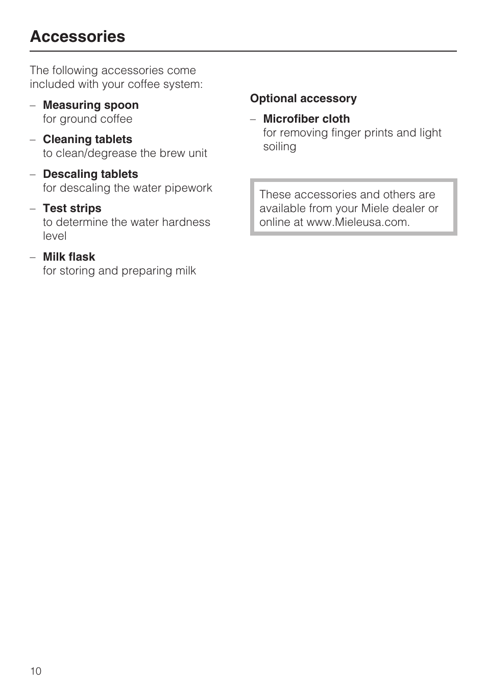 Accessories 10, Accessories | Miele FREESTANDING COFFEE MACHINE CM 5000 User Manual | Page 10 / 76