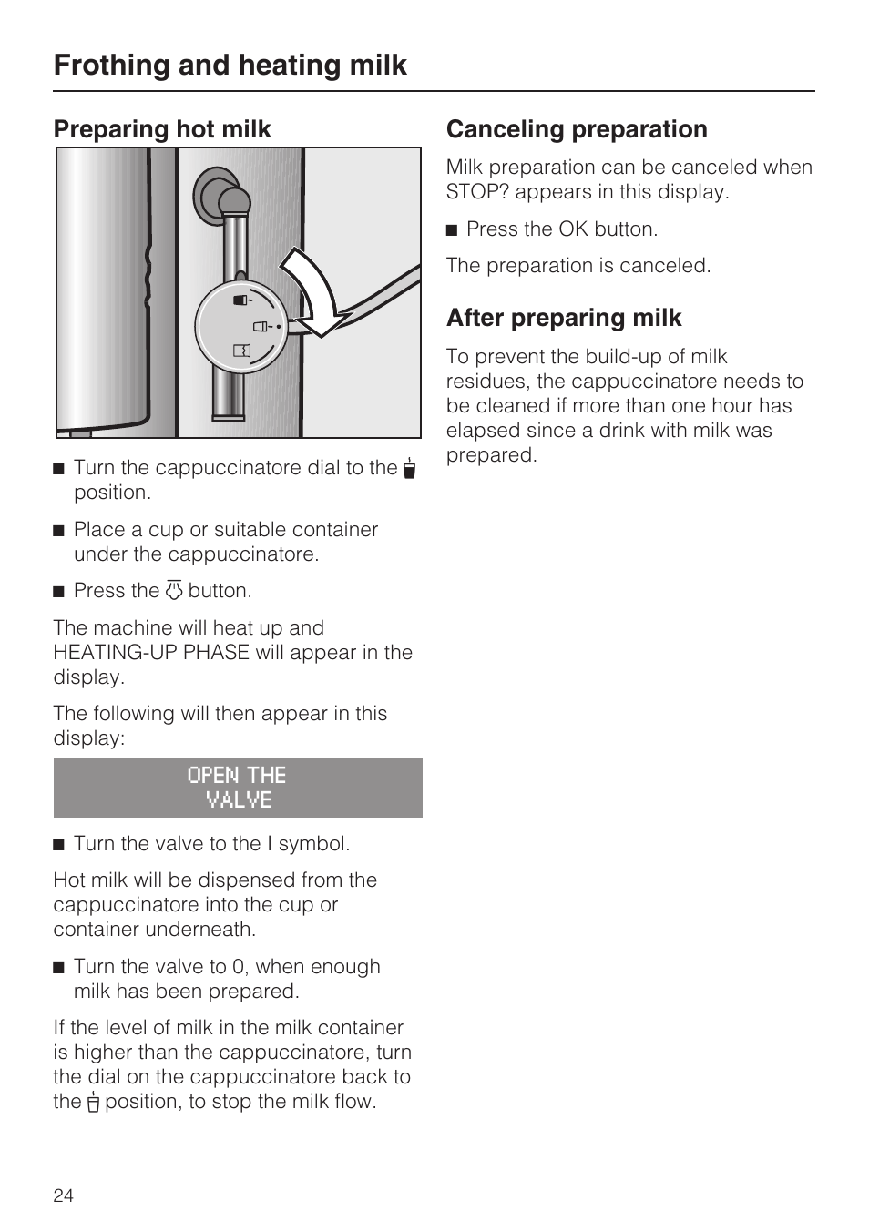 Preparing hot milk 24, After preparing milk 24, Frothing and heating milk | Preparing hot milk, Canceling preparation, After preparing milk | Miele FREESTANDING COFFEE MACHINE CM 5000 User Manual | Page 24 / 76