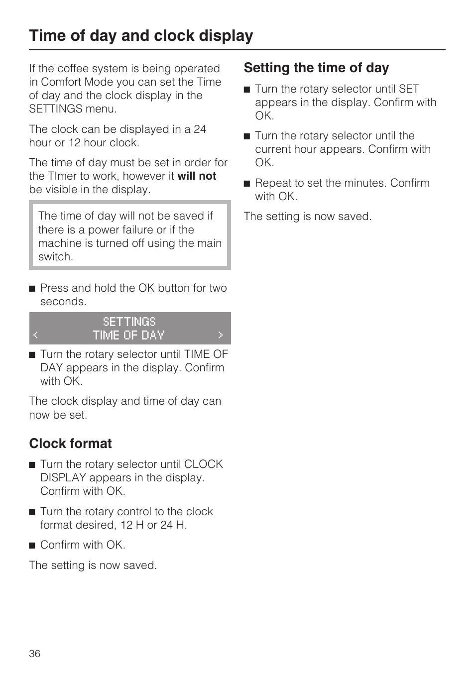 Time of day and clock display 36, Time of day and clock display, Clock format | Setting the time of day | Miele FREESTANDING COFFEE MACHINE CM 5000 User Manual | Page 36 / 76