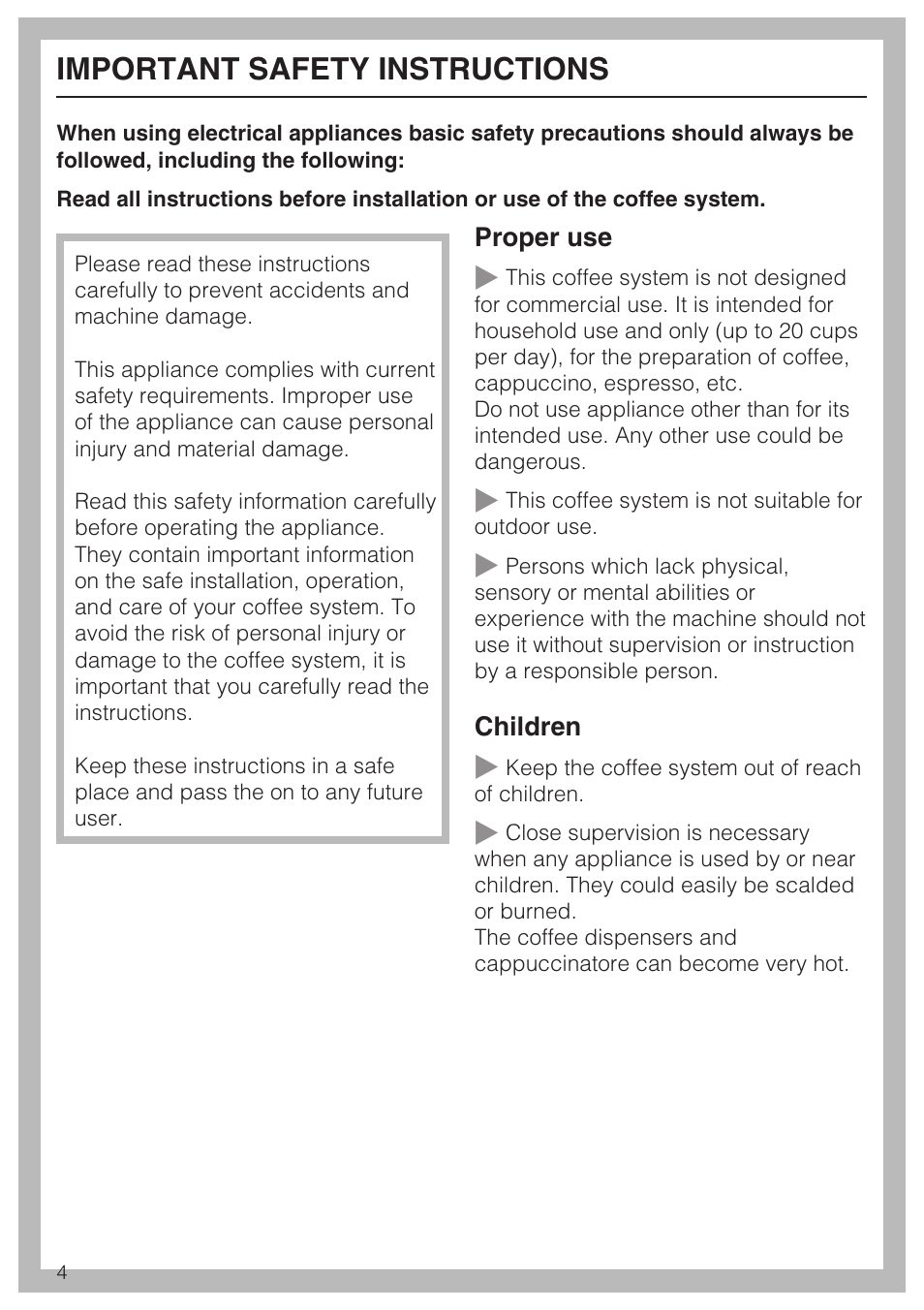 Important safety instructions 4, Important safety instructions | Miele FREESTANDING COFFEE MACHINE CM 5000 User Manual | Page 4 / 76