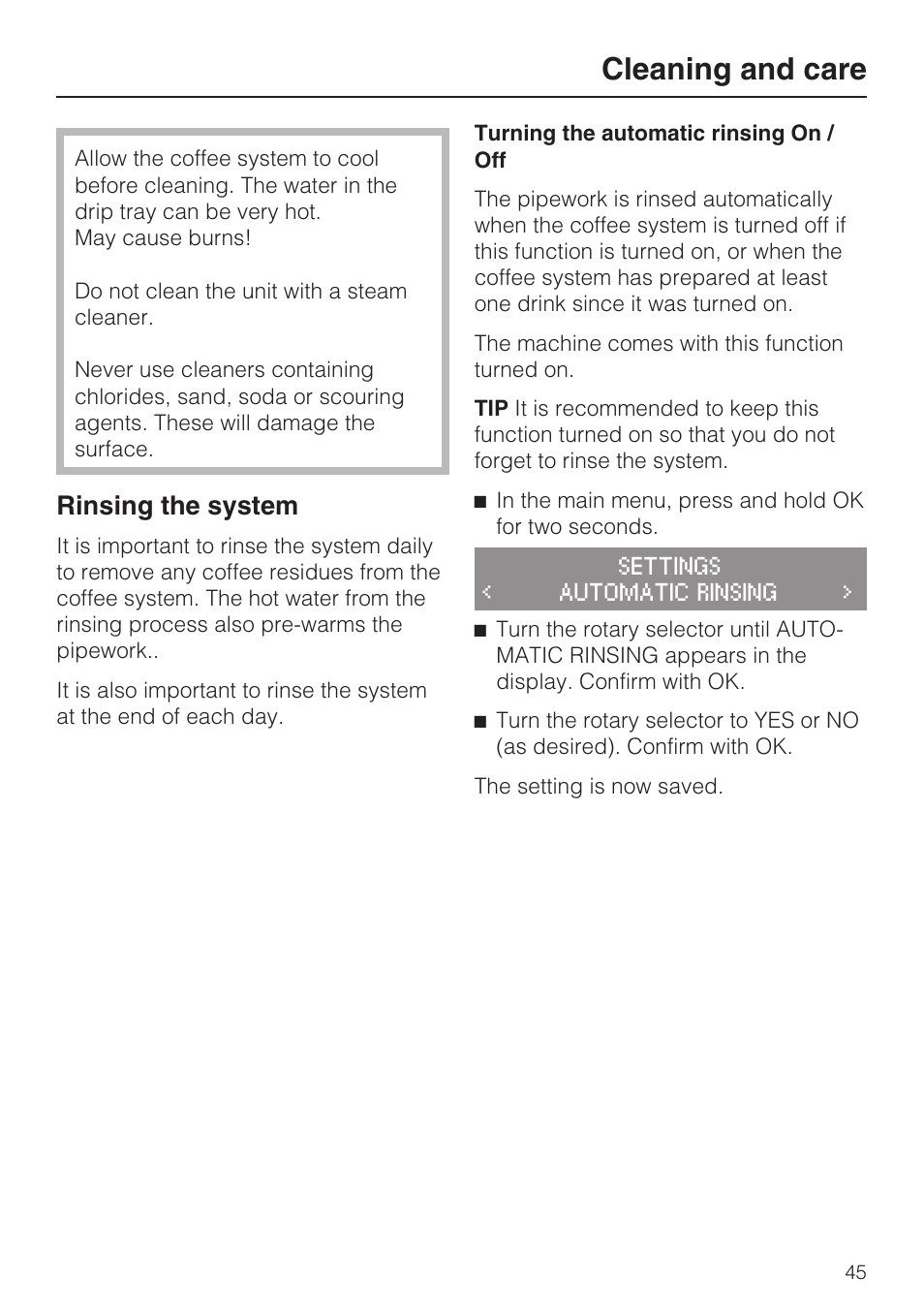 Rinsing the system 45, Cleaning and care, Rinsing the system | Miele FREESTANDING COFFEE MACHINE CM 5000 User Manual | Page 45 / 76