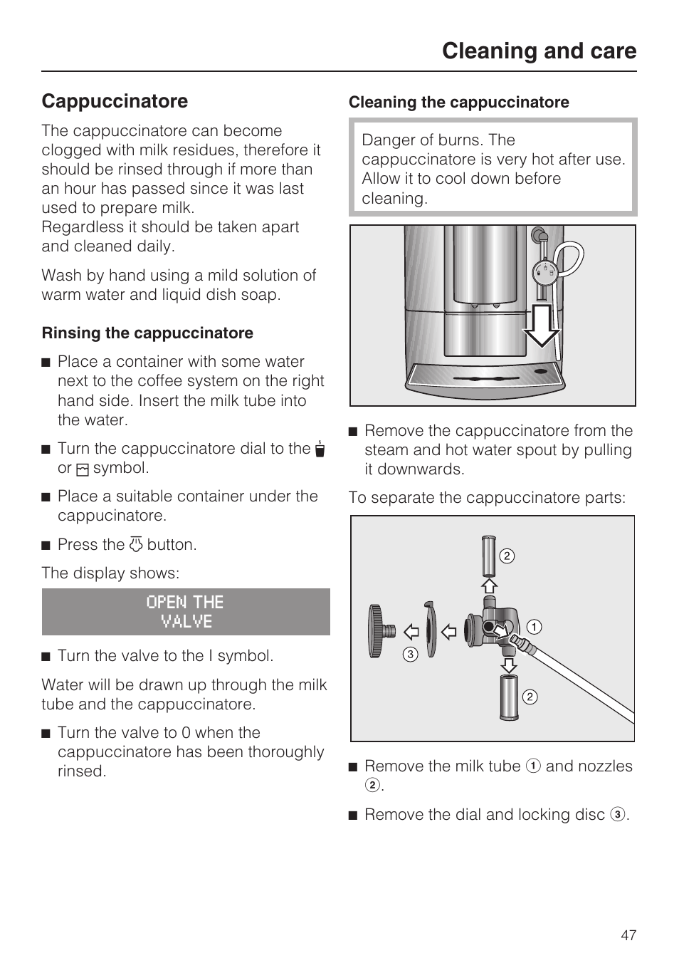 Cappuccinatore 47, Cleaning and care, Cappuccinatore | Miele FREESTANDING COFFEE MACHINE CM 5000 User Manual | Page 47 / 76