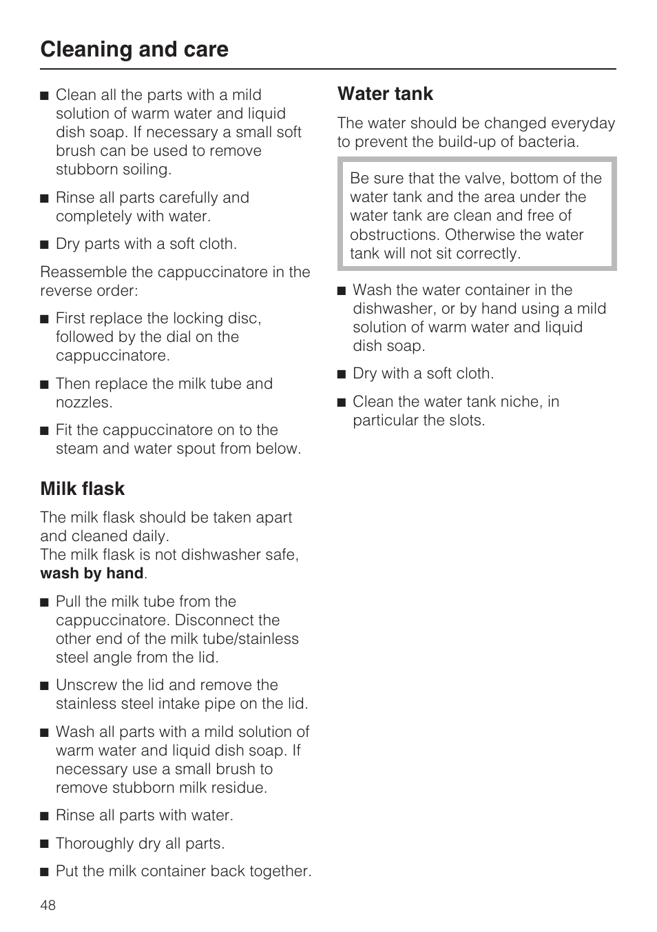 Milk flask 48, Water tank 48, Cleaning and care | Milk flask, Water tank | Miele FREESTANDING COFFEE MACHINE CM 5000 User Manual | Page 48 / 76