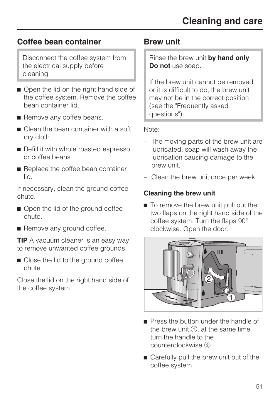 Coffee bean container 51, Brew unit 51, Cleaning and care | Coffee bean container, Brew unit | Miele FREESTANDING COFFEE MACHINE CM 5000 User Manual | Page 51 / 76