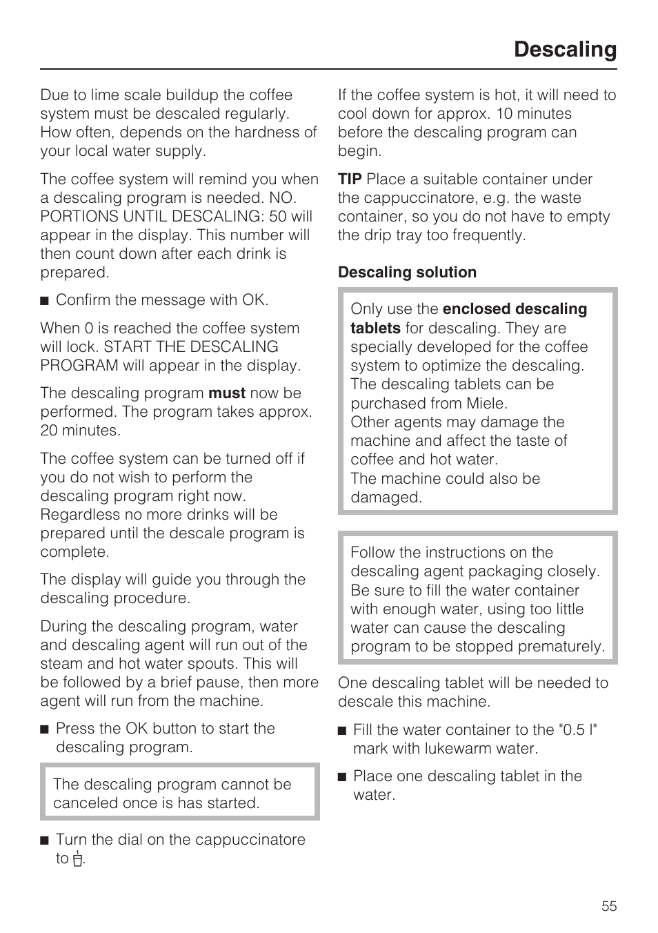 Descaling 55, Descaling | Miele FREESTANDING COFFEE MACHINE CM 5000 User Manual | Page 55 / 76