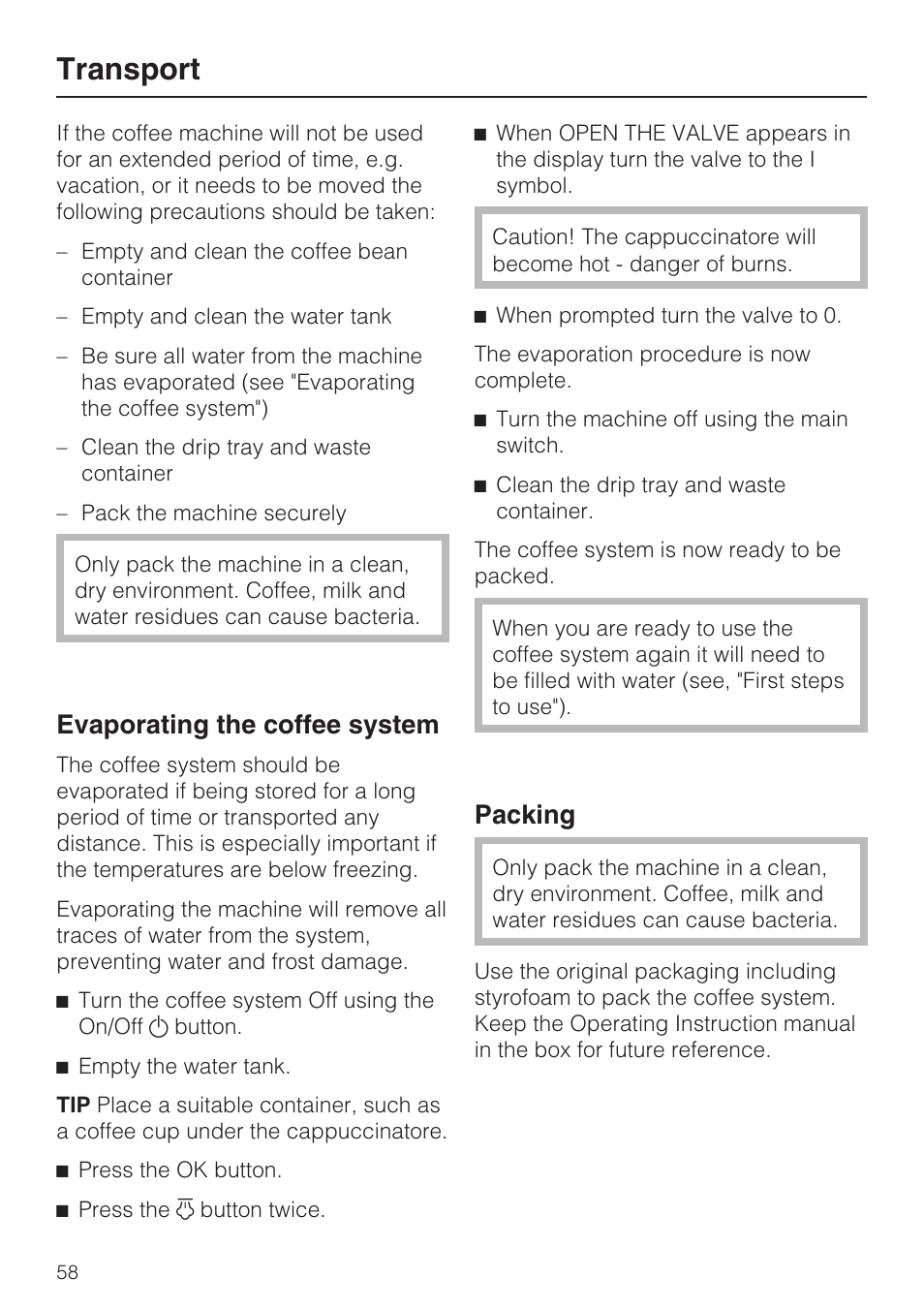 Transport 58, Evaporating the coffee system 58, Transport | Evaporating the coffee system, Packing | Miele FREESTANDING COFFEE MACHINE CM 5000 User Manual | Page 58 / 76