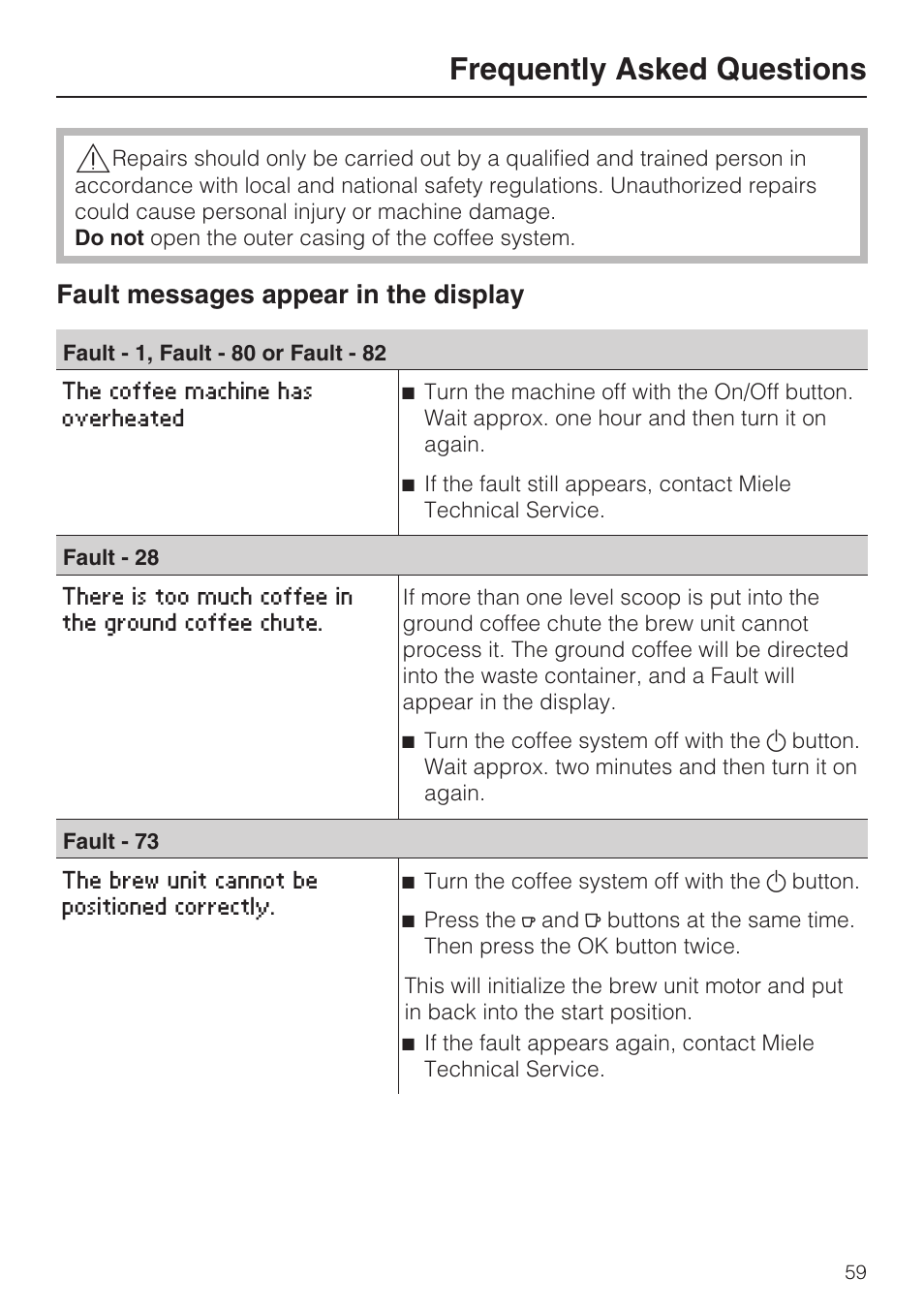 Frequently asked questions 59, Frequently asked questions, Fault messages appear in the display | Miele FREESTANDING COFFEE MACHINE CM 5000 User Manual | Page 59 / 76
