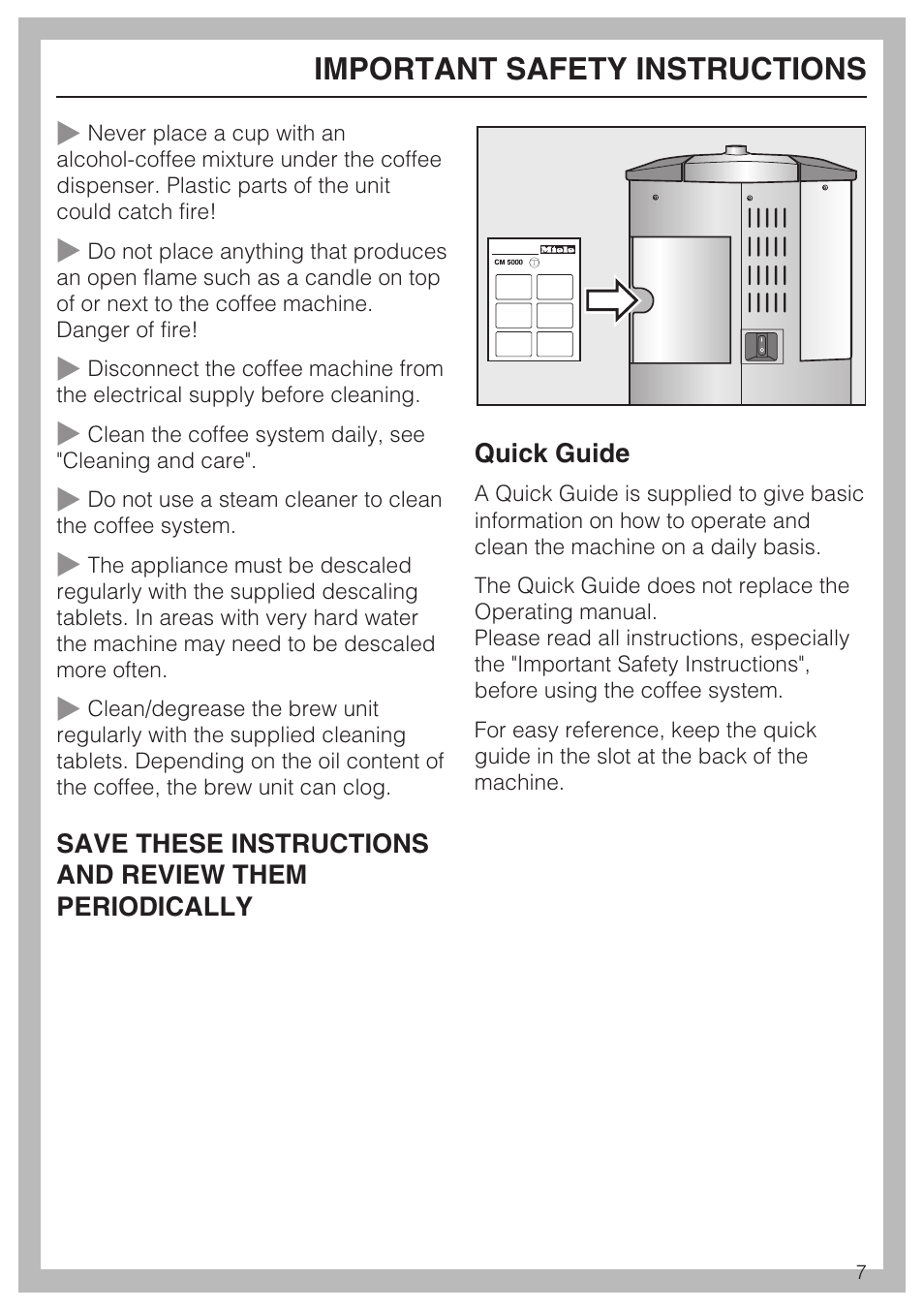 Important safety instructions | Miele FREESTANDING COFFEE MACHINE CM 5000 User Manual | Page 7 / 76