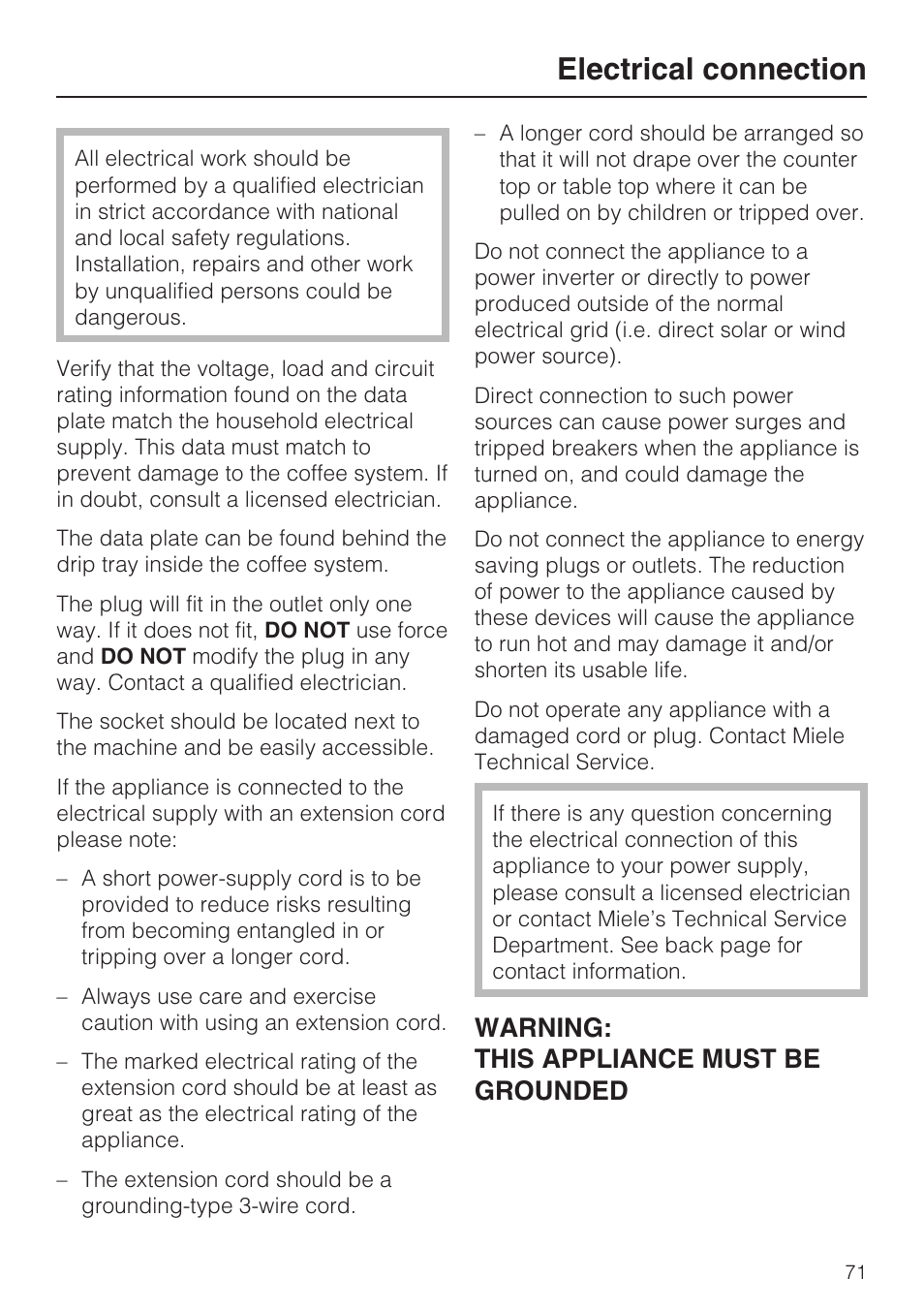 Electrical connection 71, Electrical connection, Warning: this appliance must be grounded | Miele FREESTANDING COFFEE MACHINE CM 5000 User Manual | Page 71 / 76
