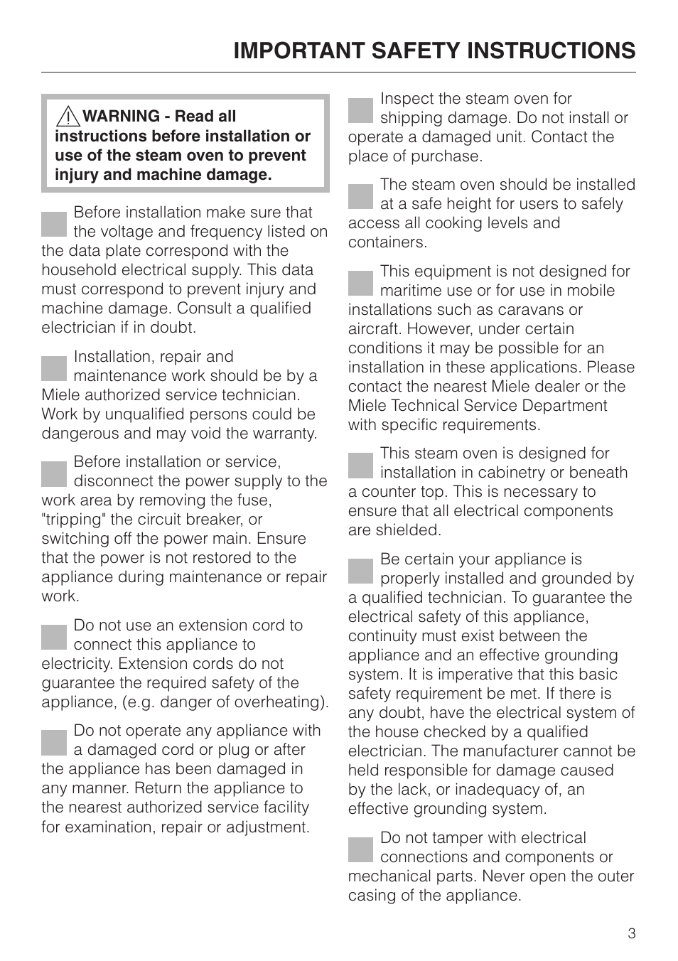 Important safety instructions 3, Important safety instructions | Miele DG155-1 User Manual | Page 3 / 12