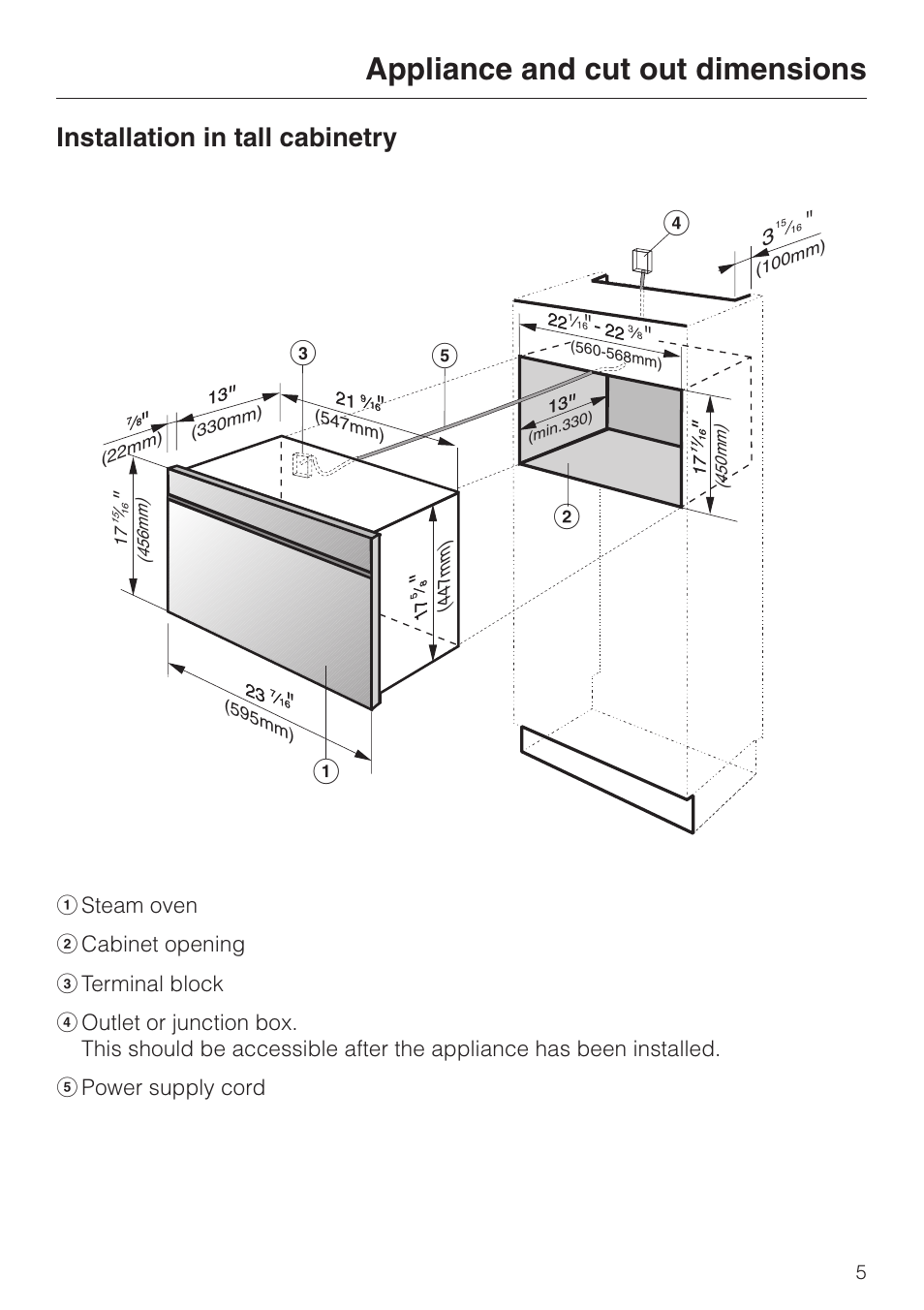 Appliance and cut out dimensions 5, Installation in tall cabinetry 5, Appliance and cut out dimensions | Installation in tall cabinetry, Bc d f e | Miele DG155-1 User Manual | Page 5 / 12